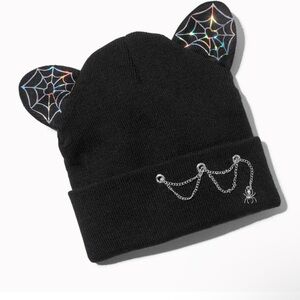 ‼️FINAL PRICE DROP‼️ BNWT Claire’s Black Cat Ear Beanie with Spider Web Design